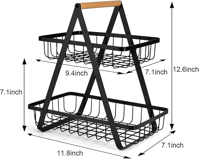 سلة فواكهة بدورين، منظم لرف المطبخ والسفرة، قابل للفصل، حامل لتخزين الخضروات والفاكهة (اللون: اسود)، معدن