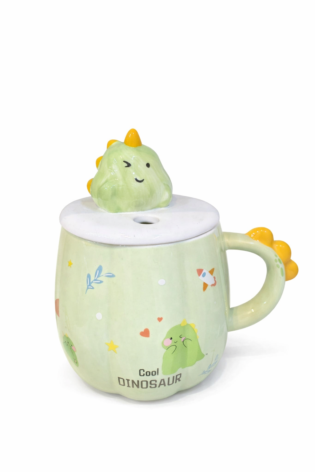 مج شاي بورسلين دينو كيوت – بغطاء ومعلقة | تصميم كرتوني مناسب للهدايا