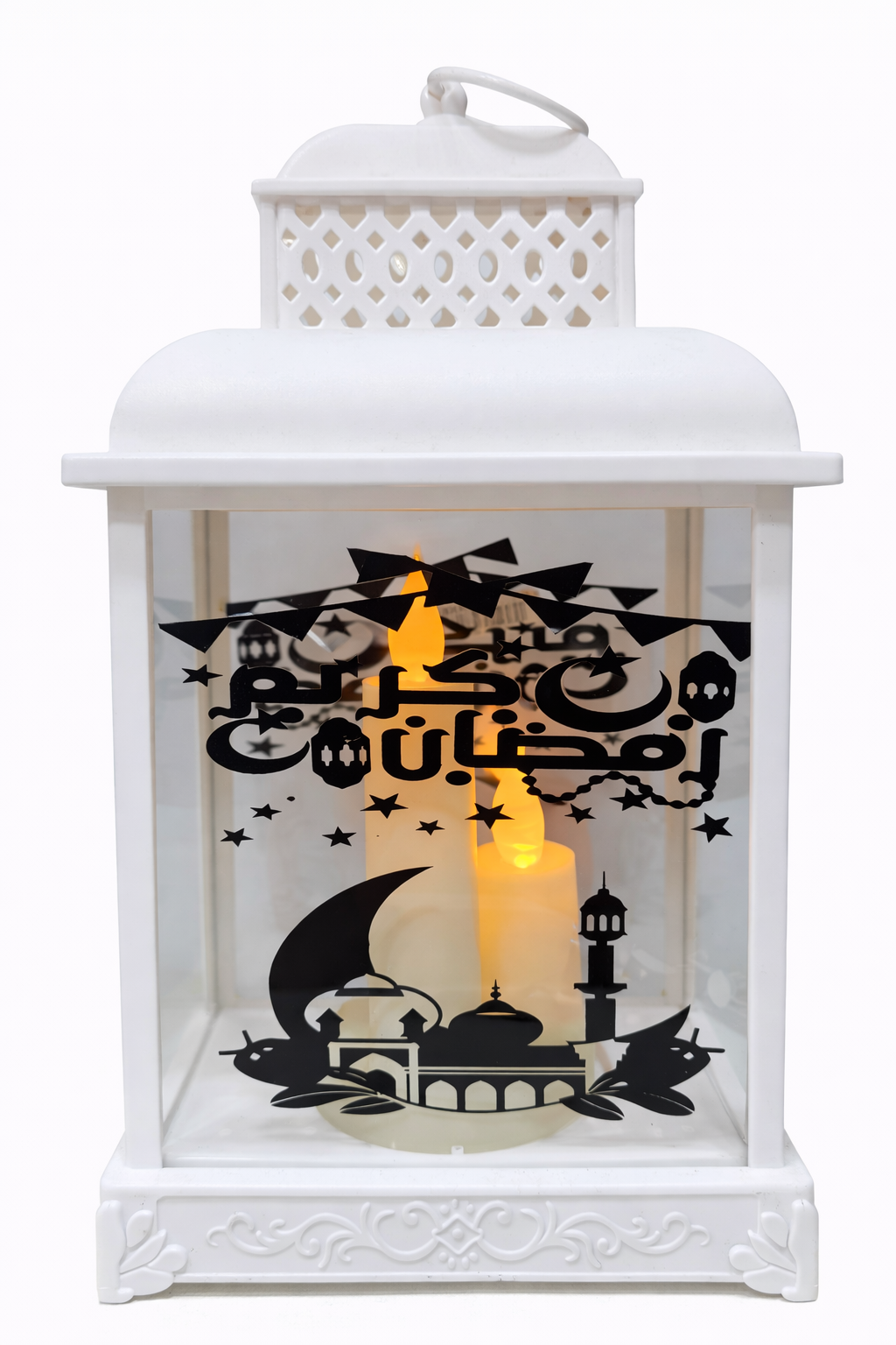 فانوس رمضان أكريليك مربّع بإضاءة LED – أبيض / أسود