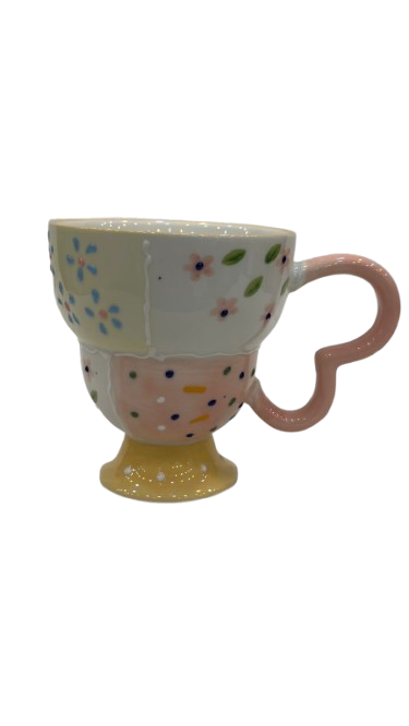 Pastel Patchwork Ceramic Mug – Cute Hearts & Cherry Design Cup