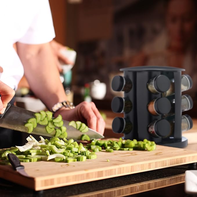 حامل دوار توابل رف توابل قابل للدوران واعادة الملء للمطبخ، اسود، 70% ستانلس ستيل 30% زجاج، جورزدوسن