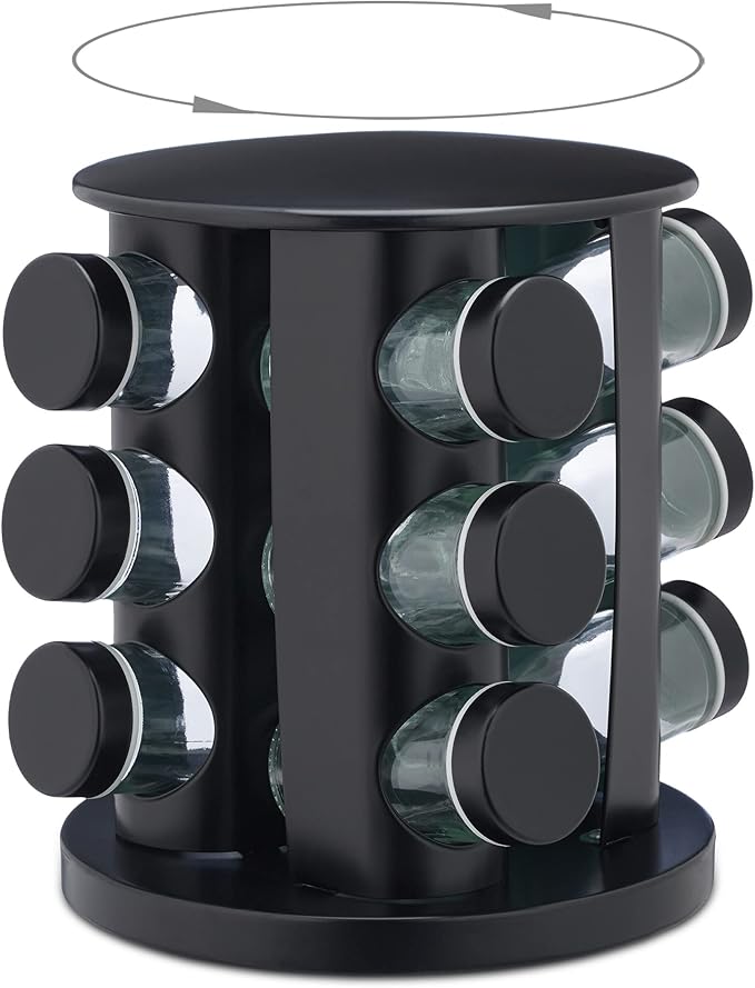 حامل دوار توابل رف توابل قابل للدوران واعادة الملء للمطبخ، اسود، 70% ستانلس ستيل 30% زجاج، جورزدوسن