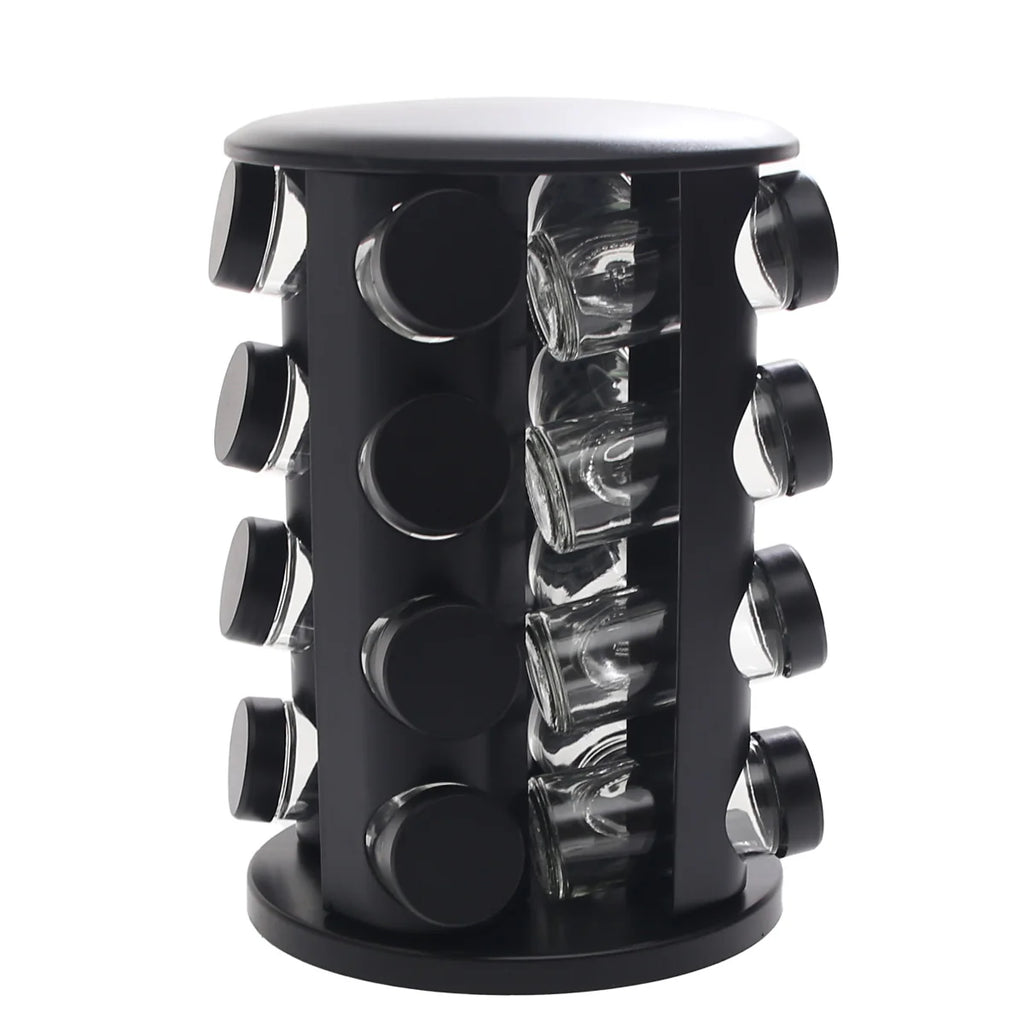 رف توابل دوار أسود مع 16 برطمانًا زجاجيًا - منظم توابل المطبخ بزاوية 360 درجة