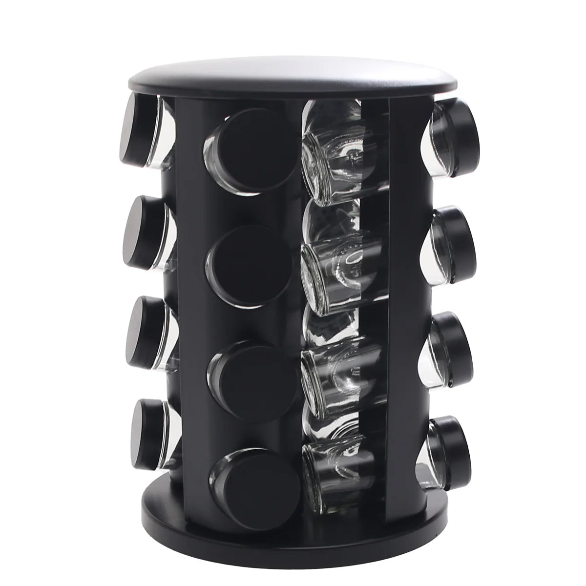 رف توابل دوار أسود مع 16 برطمانًا زجاجيًا - منظم توابل المطبخ بزاوية 360 درجة