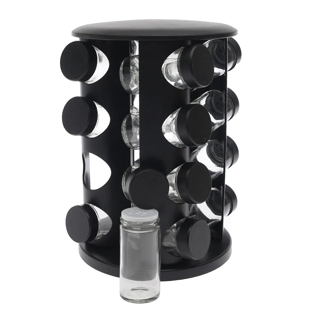 رف توابل دوار أسود مع 16 برطمانًا زجاجيًا - منظم توابل المطبخ بزاوية 360 درجة