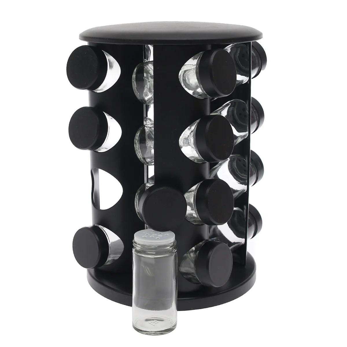 رف توابل دوار أسود مع 16 برطمانًا زجاجيًا - منظم توابل المطبخ بزاوية 360 درجة