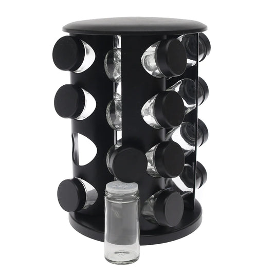 رف توابل دوار أسود مع 16 برطمانًا زجاجيًا - منظم توابل المطبخ بزاوية 360 درجة
