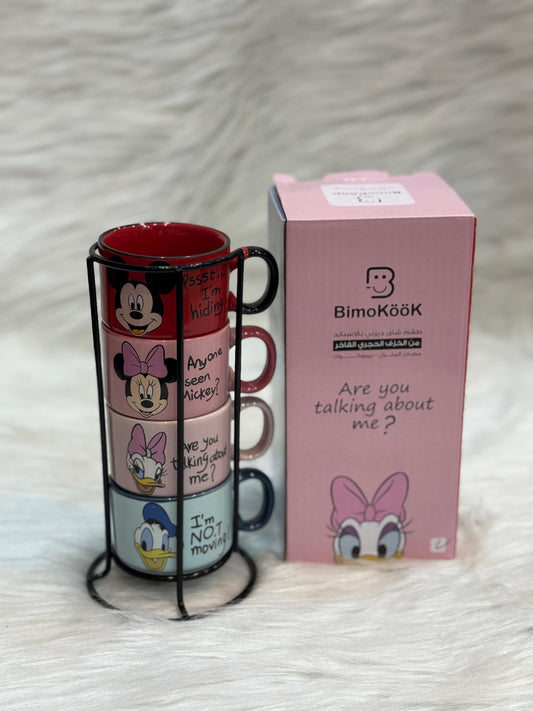 طقم فناجين قهوة بورسلين ديزني عدد ٤ قطع علي ستاند معدن