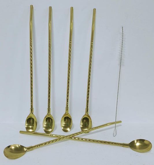 طقم ملاعق ذهبية من الفولاذ المقاوم للصدأ مع فرشاة تنظيف، 6 ملاعق طويلة ملفوفة، تصميم شفاطة قابلة لإعادة الاستخدام