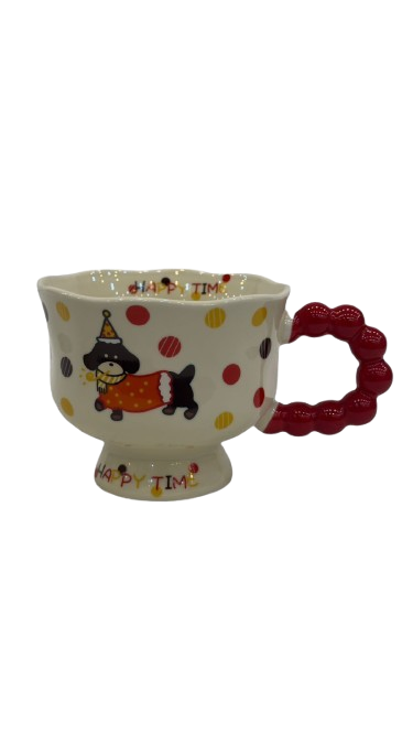 Happy Time Cartoon Puppy Mug – Cute Polka Dot Ceramic Coffee Cup