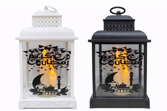 فانوس رمضان أكريليك مربّع بإضاءة LED – أبيض / أسود