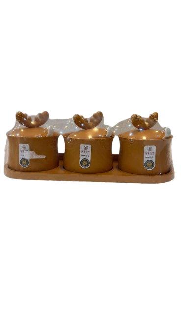 Luxury Deer Ceramic Spice Set – 3 Pieces with Tray (Green)