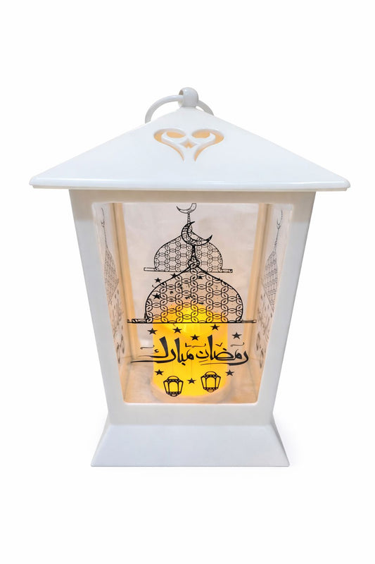فانوس أكريلك رمضان أبيض بإضاءة LED – رمضان مبارك