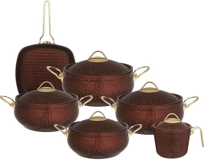 طقم حلل جرانيت تركي بومبية بيد مدهبة من ايدل هوم 11 قطعة بلون أسود