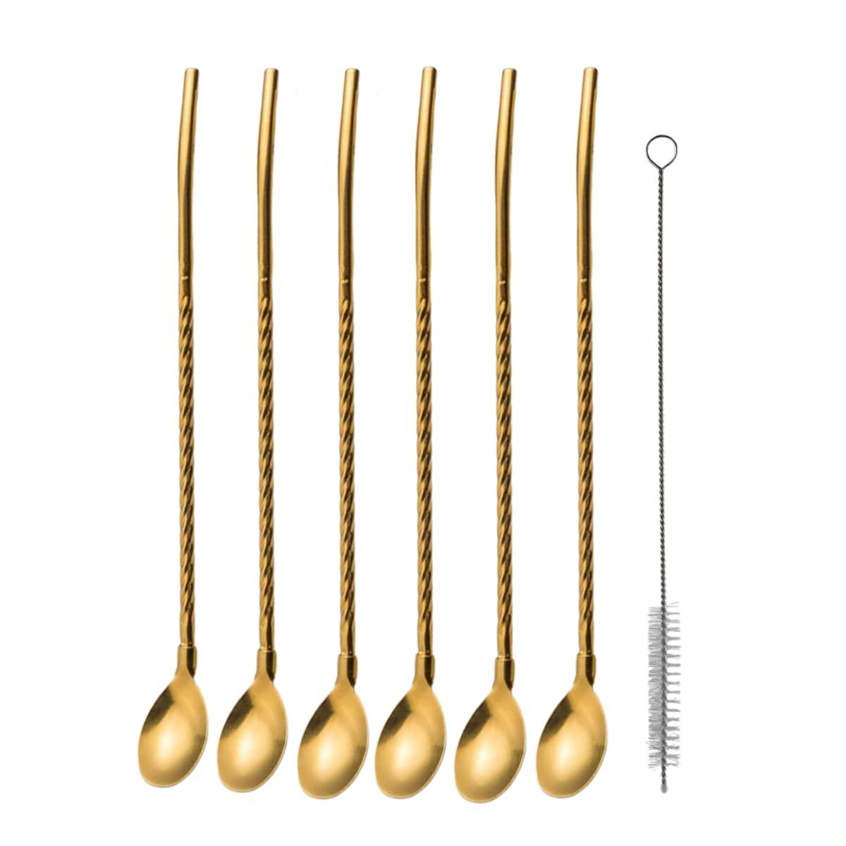 طقم ملاعق ذهبية من الفولاذ المقاوم للصدأ مع فرشاة تنظيف، 6 ملاعق طويلة ملفوفة، تصميم شفاطة قابلة لإعادة الاستخدام