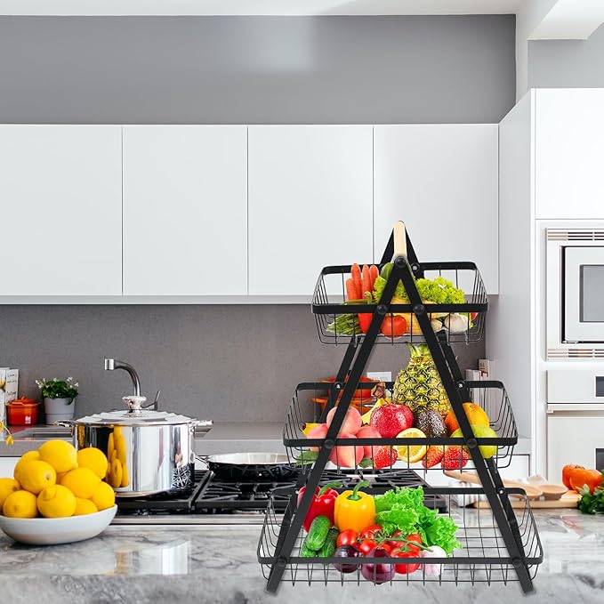 سلة فواكهة بدورين، منظم لرف المطبخ والسفرة، قابل للفصل، حامل لتخزين الخضروات والفاكهة (اللون: اسود)، معدن