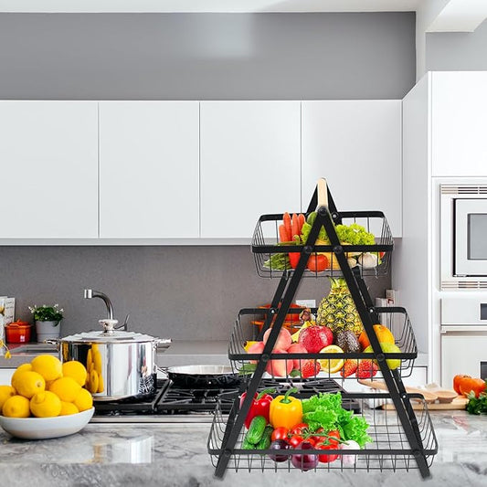 سلة فواكهة بدورين، منظم لرف المطبخ والسفرة، قابل للفصل، حامل لتخزين الخضروات والفاكهة (اللون: اسود)، معدن
