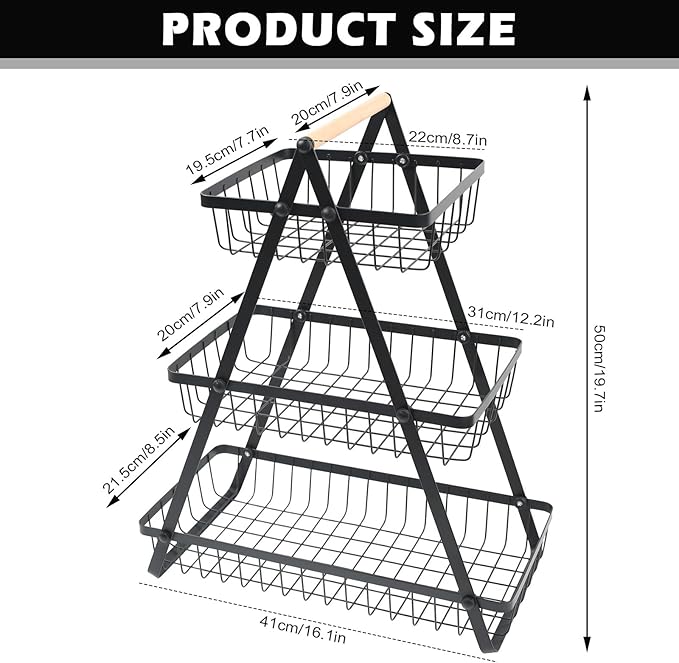 سلة فواكهة بدورين، منظم لرف المطبخ والسفرة، قابل للفصل، حامل لتخزين الخضروات والفاكهة (اللون: اسود)، معدن