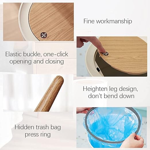 سلة مهملات دائرية بغطاء ضغط مع ارجل مطلية بزنبق الماء مع غطاء مقاوم للكلاب، سلة مهملات لغرفة المعيشة 7 لتر/1.8 جالون من اليوهدفياو، خشب بلاستيكي، بالضغط على الأعلى