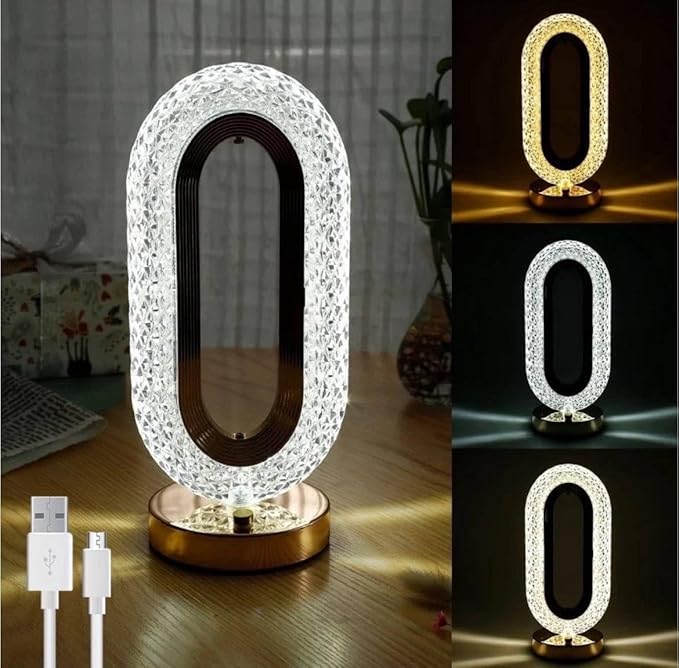 مصباح طاولة كريستال دايموند LED، 3 درجات حرارة للالوان، تحكم باللمس، منفذ USB، مصباح LED اكريليك رومانسي مبتكر لغرفة النوم وغرفة المعيشة وغرفة الاطفال والمكتب، أصفر دافئ