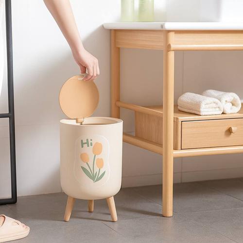 سلة مهملات دائرية بغطاء ضغط مع ارجل مطلية بزنبق الماء مع غطاء مقاوم للكلاب، سلة مهملات لغرفة المعيشة 7 لتر/1.8 جالون من اليوهدفياو، خشب بلاستيكي، بالضغط على الأعلى