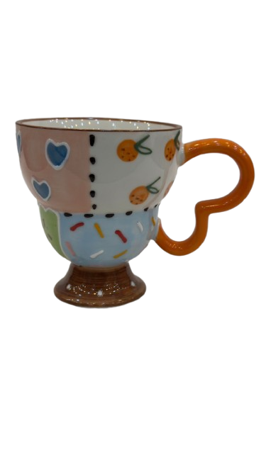 Pastel Patchwork Ceramic Mug – Cute Hearts & Cherry Design Cup