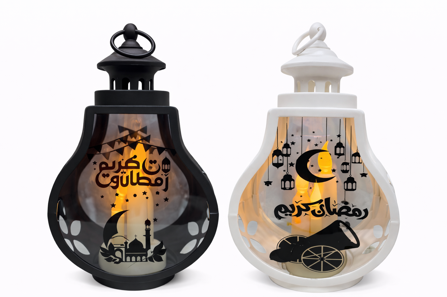 فانوس رمضان أكريليك مضيء بتصميم المدفع – أبيض / أسود