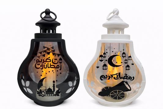 فانوس رمضان أكريليك مضيء بتصميم المدفع – أبيض / أسود