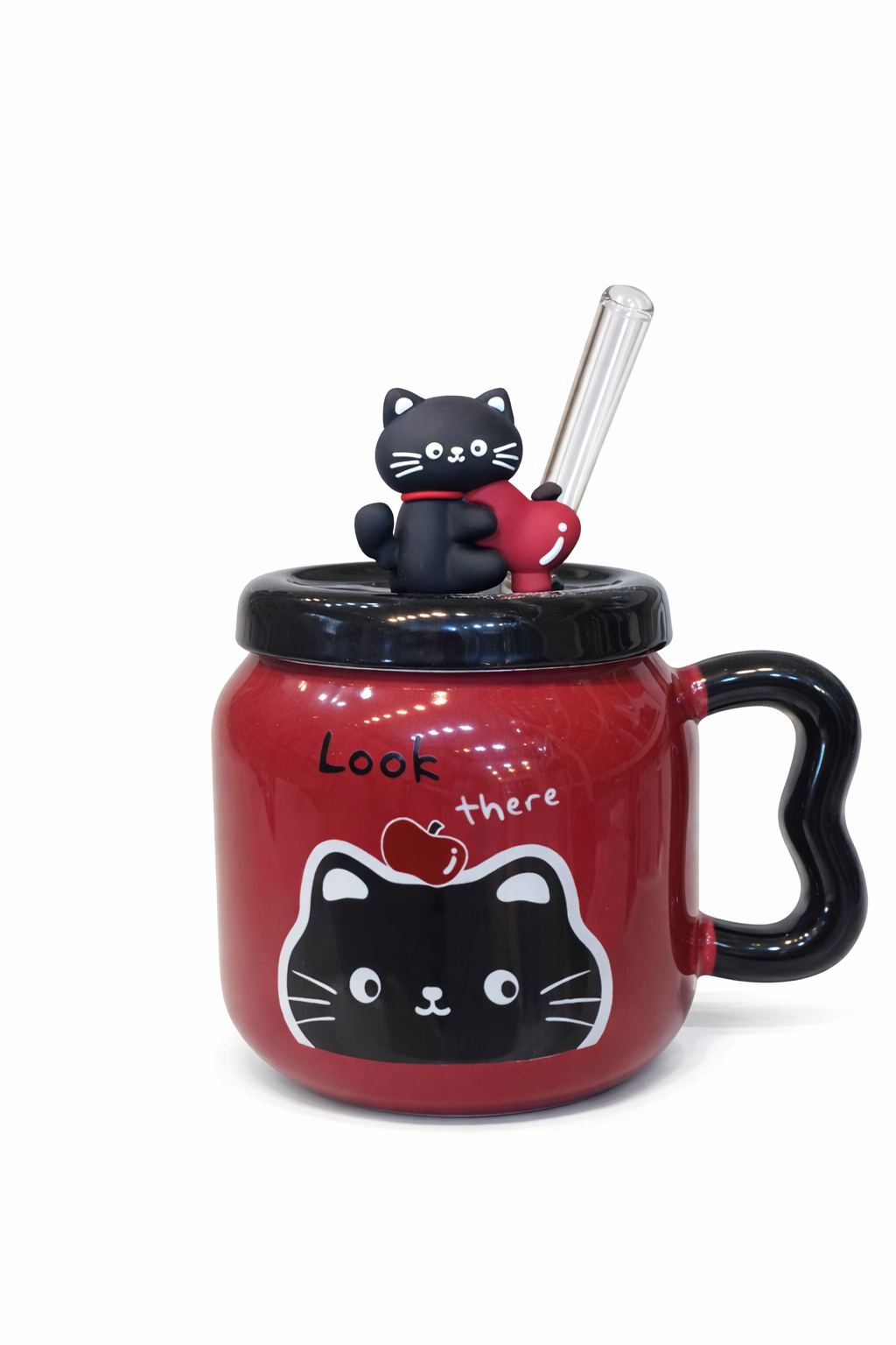 مج شاي بورسلين بلاك كات – بغطاء ومعلقة | تصميم كيوت مناسب للهدايا