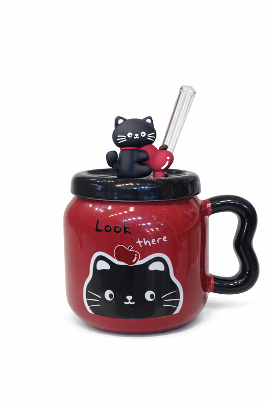 مج شاي بورسلين بلاك كات – بغطاء ومعلقة | تصميم كيوت مناسب للهدايا