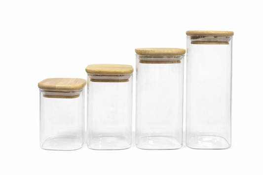 طقم برطمانات تخزين زجاج شفاف بغطاء بامبو