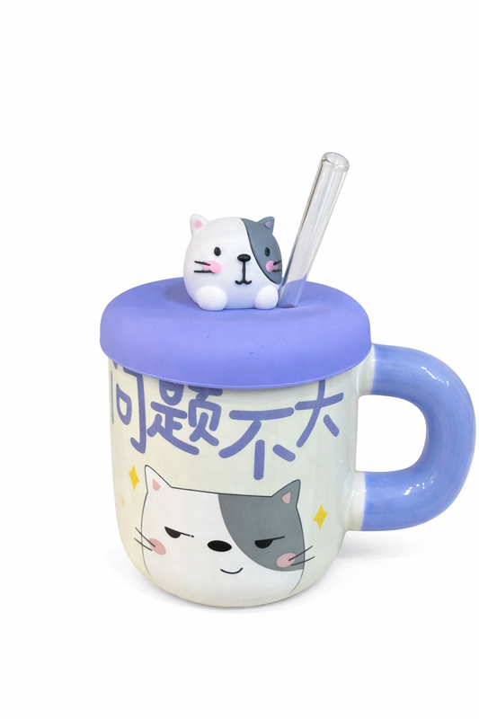 مج شاي بورسلين كاتي كيوت – بغطاء ومعلقة | تصميم كرتوني مناسب للهدايا