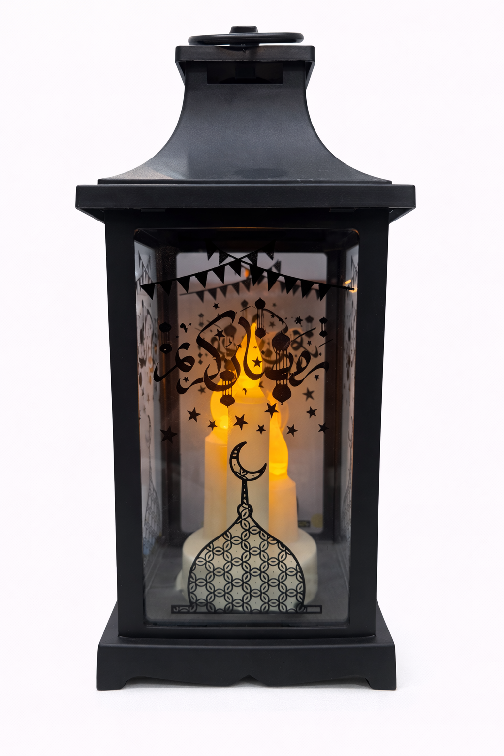 فانوس رمضان أكريليك أسود بإضاءة LED – تصميم الهلال والمسجد