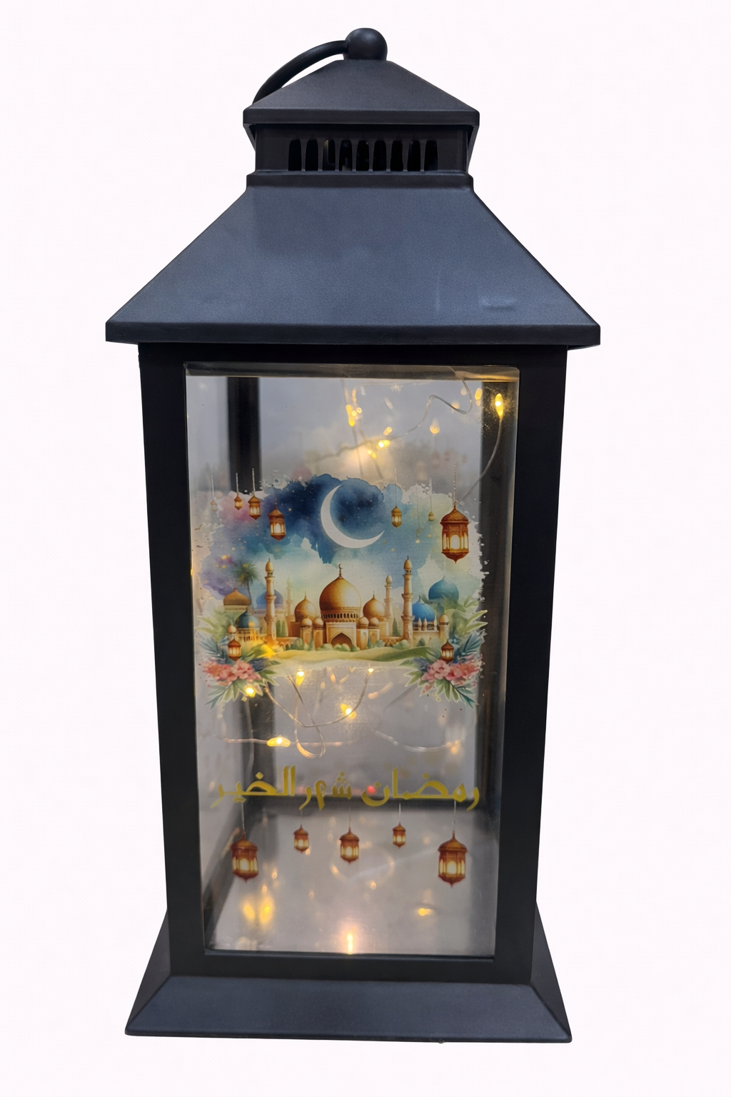 فانوس رمضان أكريليك أسود بإضاءة LED – تصميم المسجد والهلال