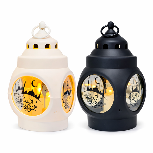 فانوس رمضان أكريليك دائري بإضاءة LED – أبيض / أسود