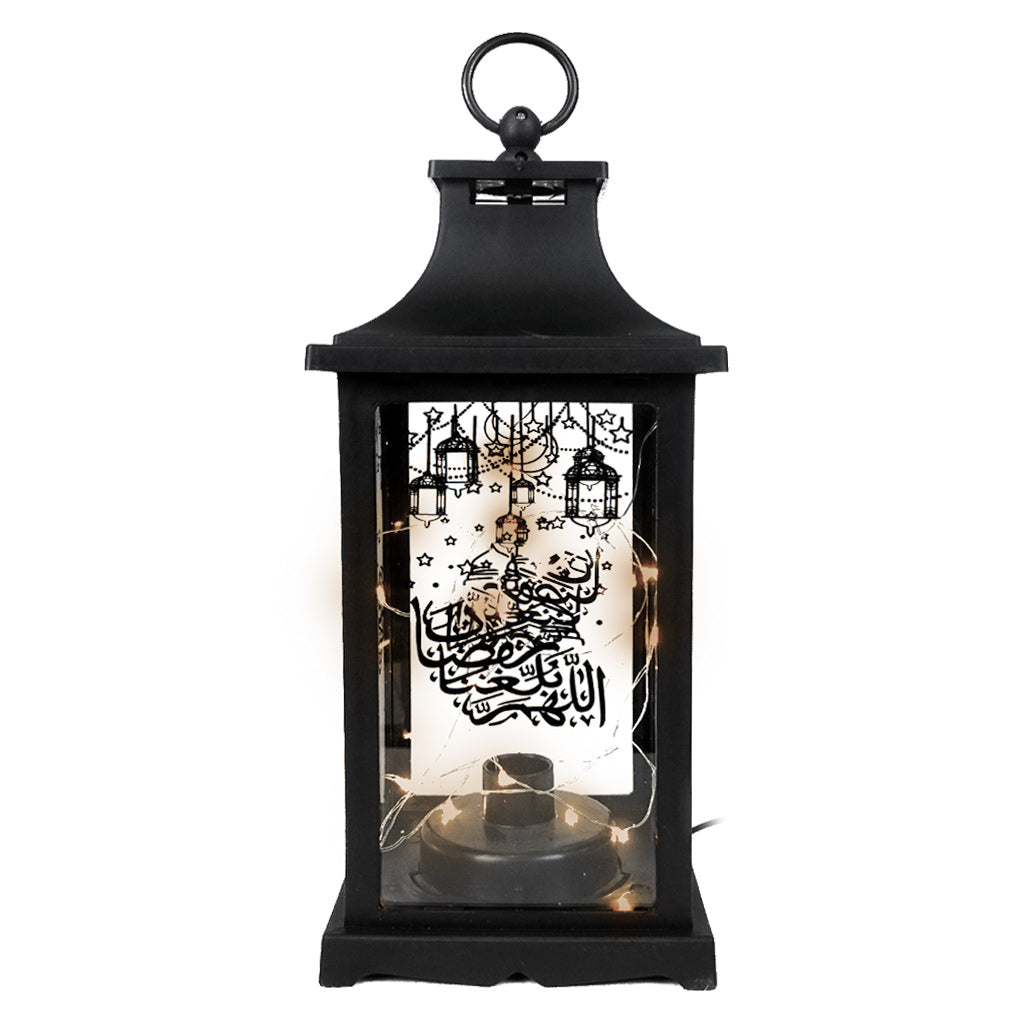 فانوس رمضان أكريليك أسود بإضاءة LED – تصميم الهلال والمسجد